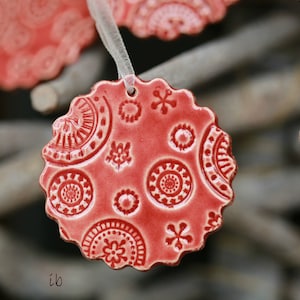 Handmade Red Lace Ceramic Ornament, 3 Christmas Ornaments, Home Decor Gift, Red Christmas Gift Lace Pottery Red Christmas tree ornament image 4