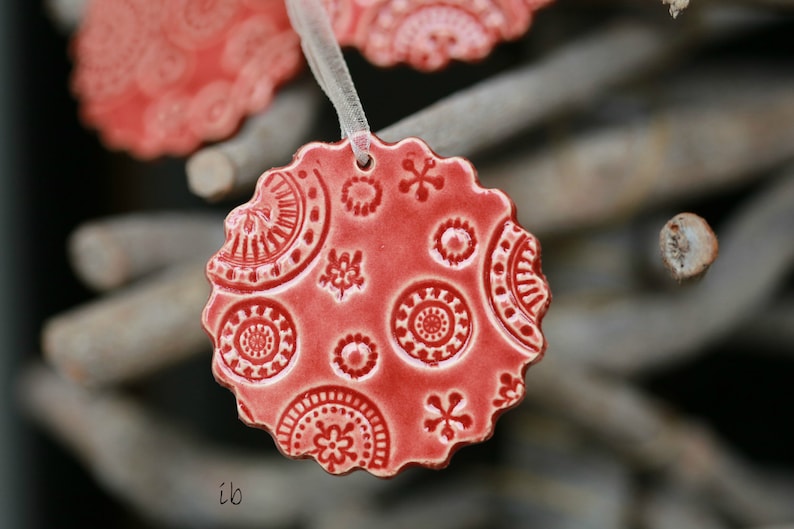 Handmade Red Lace Ceramic Ornament, 3 Christmas Ornaments, Home Decor Gift, Red Christmas Gift Lace Pottery Red Christmas tree ornament image 4