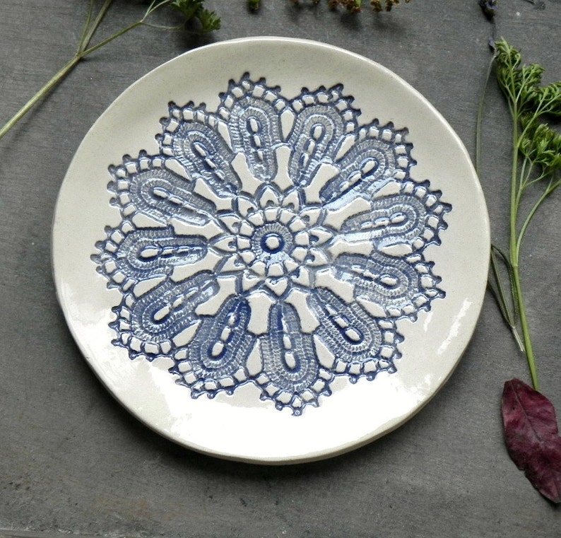 Mothers Day Ceramic Lace Plate, Blue Lace Soap Dish, Lace trinket dish, Flat Serving Plate, Shabby chic Spoon Rest, Ceramic Jewelry Dish image 3
