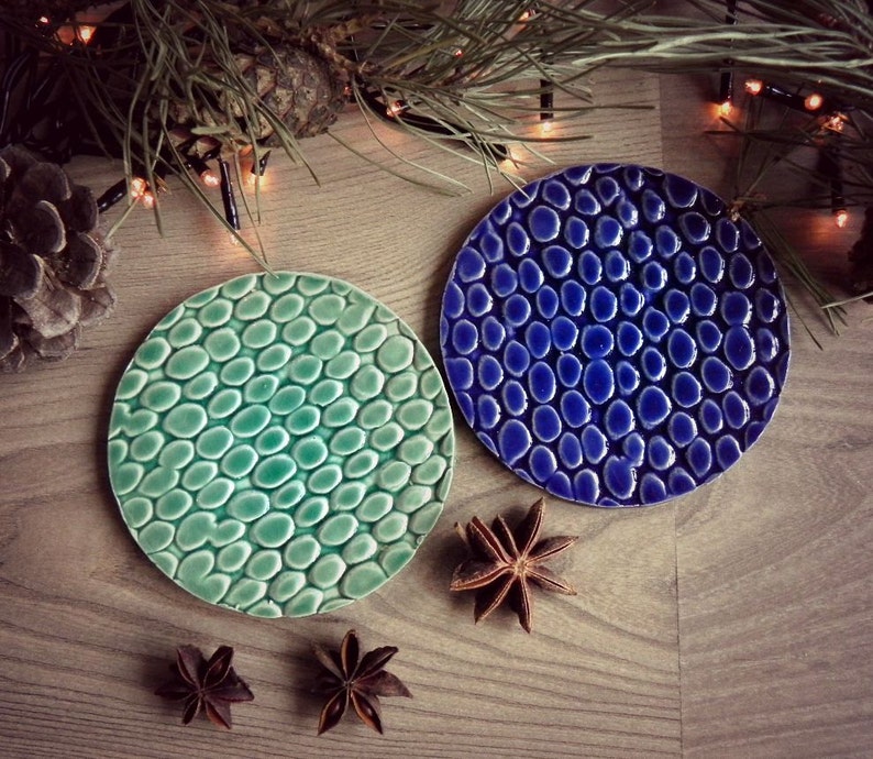 Ceramic Coasters Mint and Royal Blue Pebble Pattern Set of 2 image 0