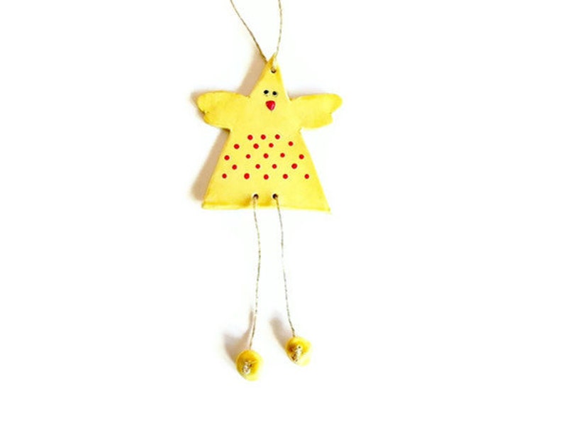 Yellow Chicken Ceramic Ornament Animal Pottery Red Dots Eco image 0