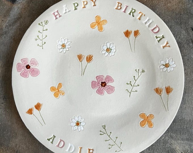Happy Birthday Personalized Flower Plate, Custom Daisy Plate, Unique Wildflower Hand Built Ceramic Plate