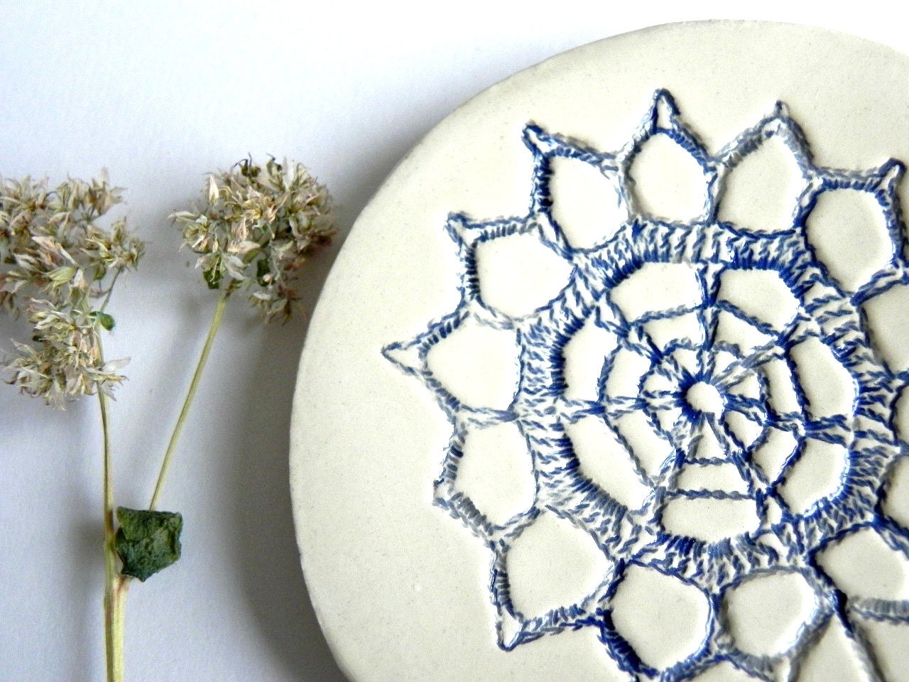 Ceramic Blue Flower Ring Dish Minimalist Round Plate White Etsy