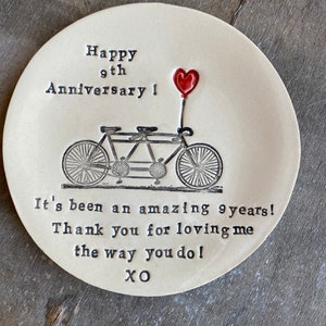 Personal Message Anniversary Gift, Custom Bicycle Love Plate, 25, 35th Anniversary Gift, Tandem and Heart Ceramic Ring Dish, 9th Anniversary