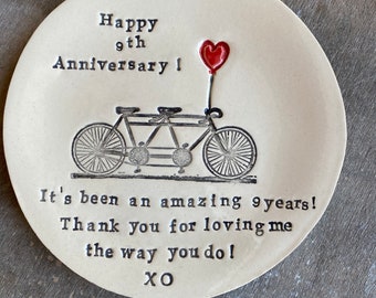 Personal Message Anniversary Gift, Custom Bicycle Love Plate, 25, 35th Anniversary Gift, Tandem and Heart Ceramic Ring Dish, 9th Anniversary