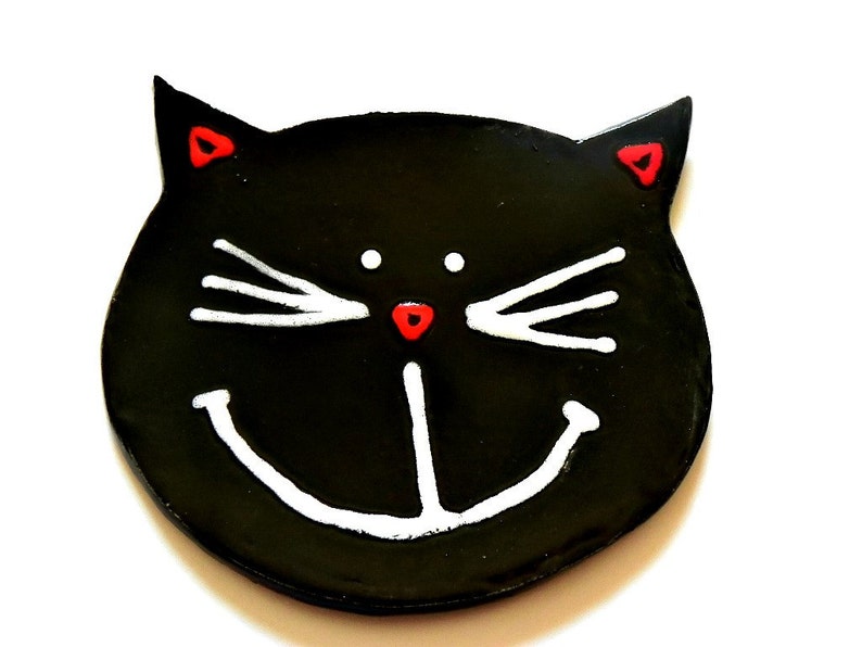 Black Cat Ceramic Plate Pet Paradise Smily Face Pottery image 0