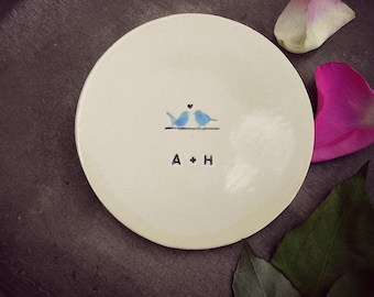 Personalized Blue Bird Ring Holder, Wedding Gift, Custom Engagement Ring Dish, Little Bird Hand Painted Ceramic  Plate, Anniversary Plate