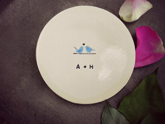 Personalized Blue Bird Ring Holder, Wedding Gift, Custom Engagement Ring Dish, Little Bird Hand Painted Ceramic  Plate, Anniversary Plate