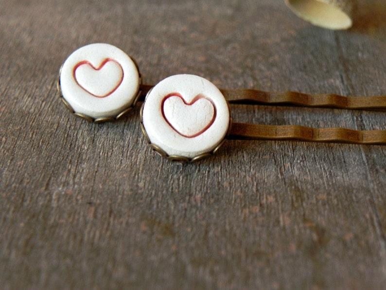 2 Ceramic Bobby Pins Red Heart  White Porcelain Antique Bronze image 0