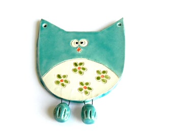 Owl Ornament, Ceramic Bird with Green Flower Skirt, Eco Friendly Materials in Recycled Paper Box