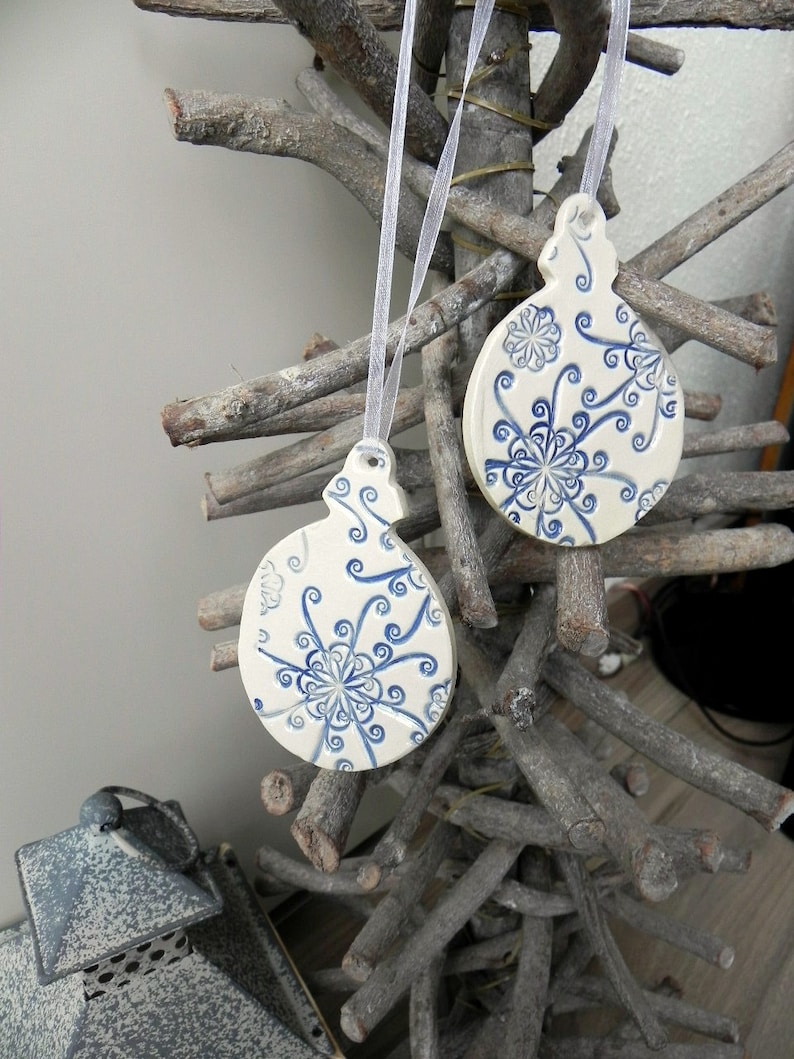 Christmas Ceramic Snowflake Ornament 2 White Blue Lace image 0