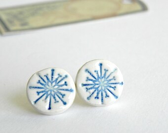 Ceramic Post Earrings Pottery White and Blue Shiny Studs