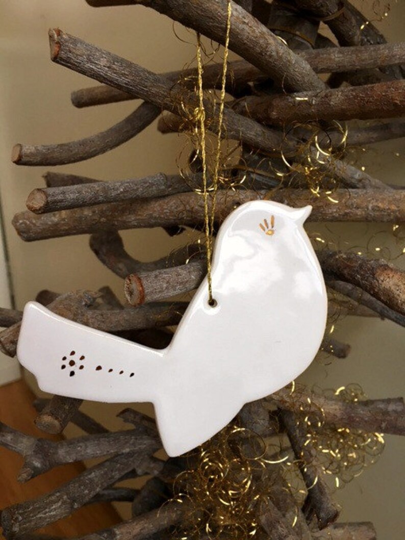 Christmas Ornament White Gold Birds Ceramic Christmas image 0