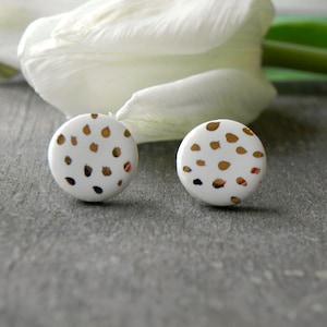 White Gold Boho Ceramic Earring Studs, Dotty White Porcelain Earrings, Small 18 karat Gold hand painted Studs, Surgical Steel Post