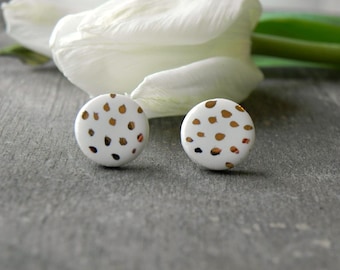 White Gold Boho Ceramic Earring Studs, Dotty White Porcelain Earrings, Small 18 karat Gold hand painted Studs, Surgical Steel Post