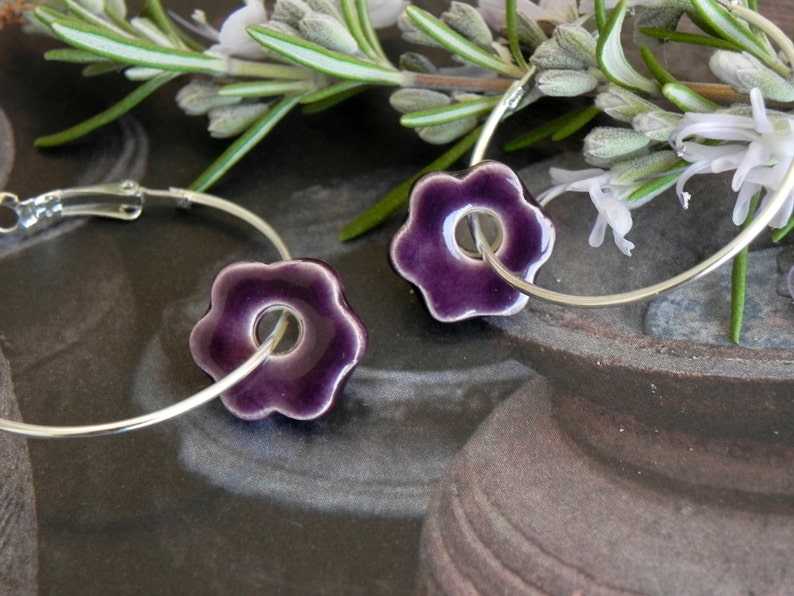 Red Flower Ceramic Earrings Sterling Silver Plated Hoop Earrings Minimalist Ceramic Jewelry image 4