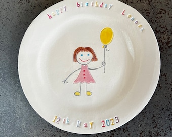 Girly Personalized Birthday Plate, Pink Crown, Flower Girl, Mermaid Hand Built Ceramic Plate , Newborn Gifts