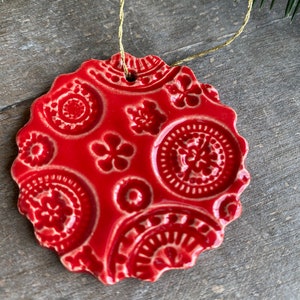 Handmade Red Lace Ceramic Ornament, 3 Christmas Ornaments, Home Decor Gift, Red Christmas Gift Lace Pottery Red Christmas tree ornament image 6