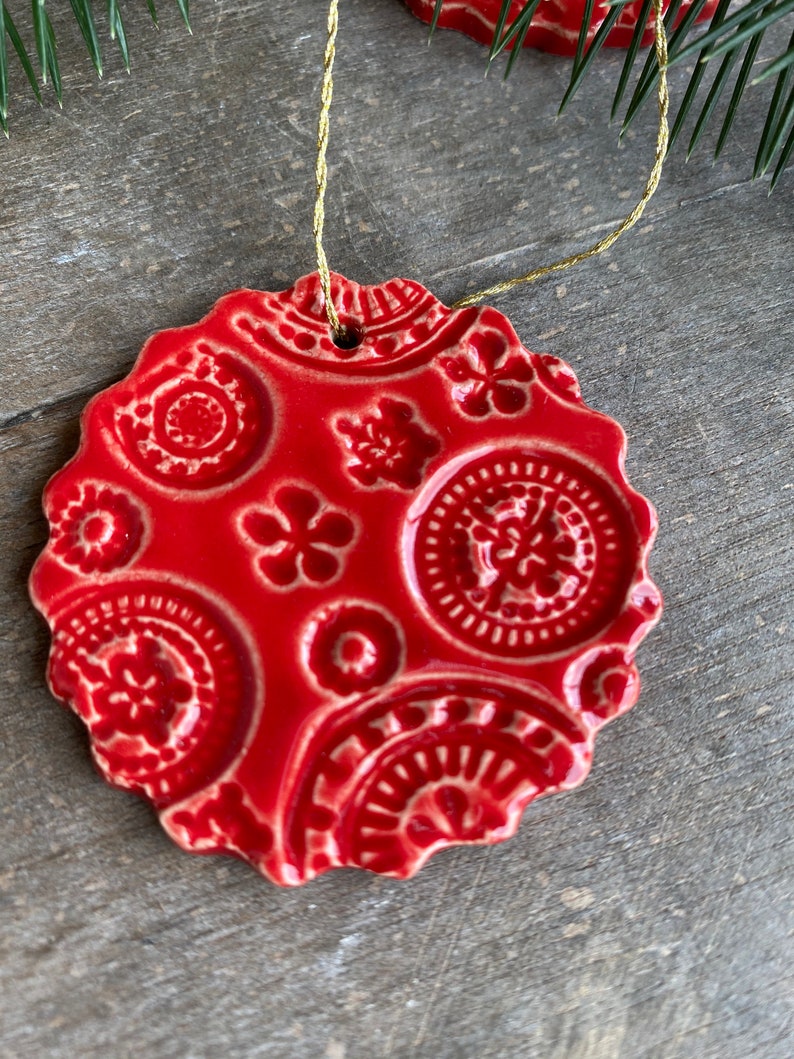 Handmade Red Lace Ceramic Ornament, 3 Christmas Ornaments, Home Decor Gift, Red Christmas Gift Lace Pottery Red Christmas tree ornament image 6