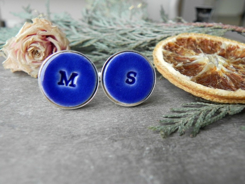 Blue Personalized Cuff Links, Wedding Monogrammed Cuff Links, Father of the Bride Gift, Best Men, Groomsmen Custom Cuff Links image 1