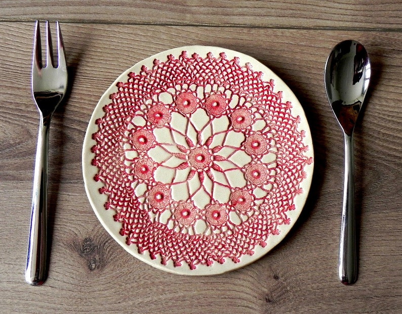 Rustic Ceramic Plate, Red Mandala Lace Dessert Plate, Unique Serving Plate, Mandala Tableware, Boho Kitchen Decor Ceramic Dish, Lace Pottery image 1