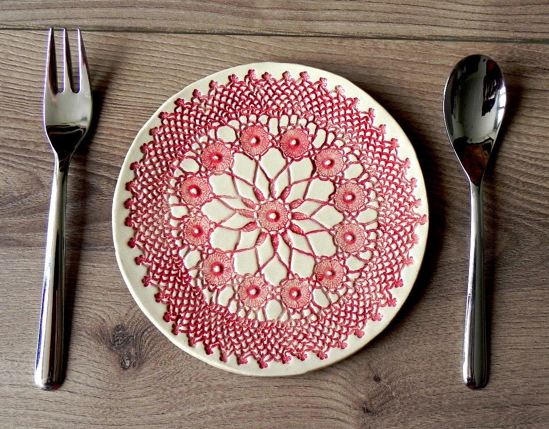 Plaque en Céramique Rustique, Plaque Rouge de Dessert Dentelle Mandala, Service Unique, Vaisselle Pl