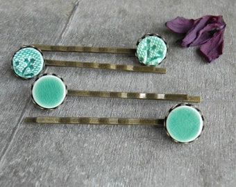 Mint Green Bobby Pins, Boho Ceramic Hair Pins,  Set of 2, Porcelain Lace Flower Hair Accessories