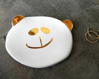 Gold and White Panda Ceramic Trinket Dish, Panda Bear Ring Holder, Pet Paradise, Smily Face Pottery Dish, Pandswa Party