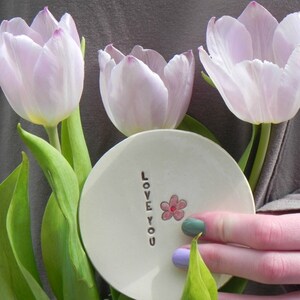 Ceramic Pink Inspirational Flower Plate Love Text Pottery Mother Days Dish