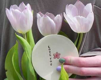Ceramic Pink Inspirational Flower Plate Love Text Pottery Mother Days Dish