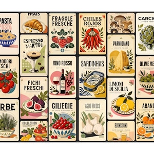 Könnte beinhalten: Ein Raster aus vierundzwanzig rechteckigen Kunstdrucken mit Illustrationen von Lebensmitteln und Getränken mit Textbeschriftungen wie Pasta, Frais, Fragole Fresche, Chiles Rojos, Parmigiano, Carciofi, Pomodori Freschi, Espresso Martini, Vino Rosso, Sardinhas, Olive Verdi, Fichi Freschi, Limoni di Sicilia, Erbe, Ciliege, Aglio Fresco, Arance und Buongiorno.