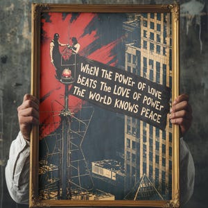 Könnte beinhalten: Ein gerahmter Kunstdruck mit einer dunklen Stadtlandschaft und rotem Hintergrundakzent. Zwei Figuren stehen auf einer hohen Antenne. Ein schwarzes Banner zeigt den Text: "WHEN THE POWER OF LOVE BEATS THE LOVE OF POWER THE WORLD KNOWS PEACE."