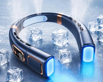 Ventilador de cuello portátil recargable con pantalla digital, aire acondicionado personal manos libres para viajes, oficina y uso en exteriores.