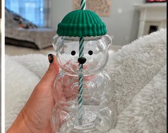 Starbucks Barista Bear Glass Cup with Green Hat – 600ML Cartoon Tumbler