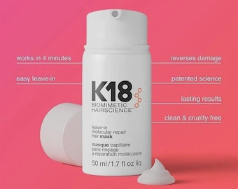 Mascarilla capilar molecular sin enjuague K18 de 50 ml para cabello dañado y teñido.