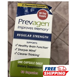 May include: A rectangular box of Prevagen Regular Strength dietary supplement capsules. The white, blue, and green packaging features the text 60 Day Supply, Improves Memory, and lists benefits including healthy brain function and clearer thinking.