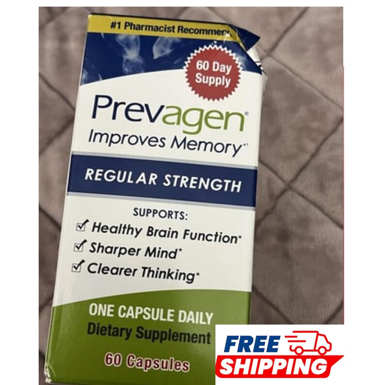 May include: A rectangular box of Prevagen Regular Strength dietary supplement capsules. The white, blue, and green packaging features the text 60 Day Supply, Improves Memory, and lists benefits including healthy brain function and clearer thinking.