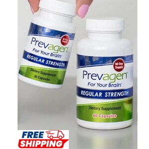 May include: Two white plastic bottles of Prevagen Regular Strength dietary supplement. The left bottle contains 30 capsules, while the right bottle contains 60 capsules. Both feature blue and green labels with the text Prevagen For Your Brain.