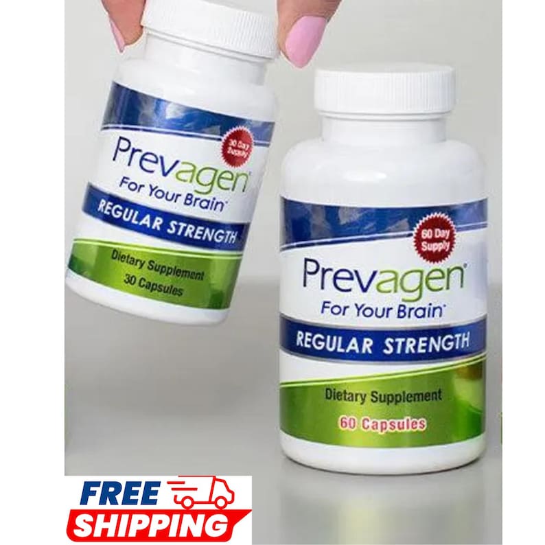 May include: Two white plastic bottles of Prevagen Regular Strength dietary supplement. The left bottle contains 30 capsules, while the right bottle contains 60 capsules. Both feature blue and green labels with the text Prevagen For Your Brain.