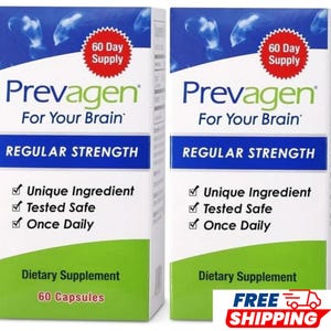 May include: Two white boxes of Prevagen Regular Strength dietary supplement. Each box features blue and green accents, a red 60 Day Supply burst, and text stating For Your Brain, Unique Ingredient, Tested Safe, Once Daily, and 60 Capsules.