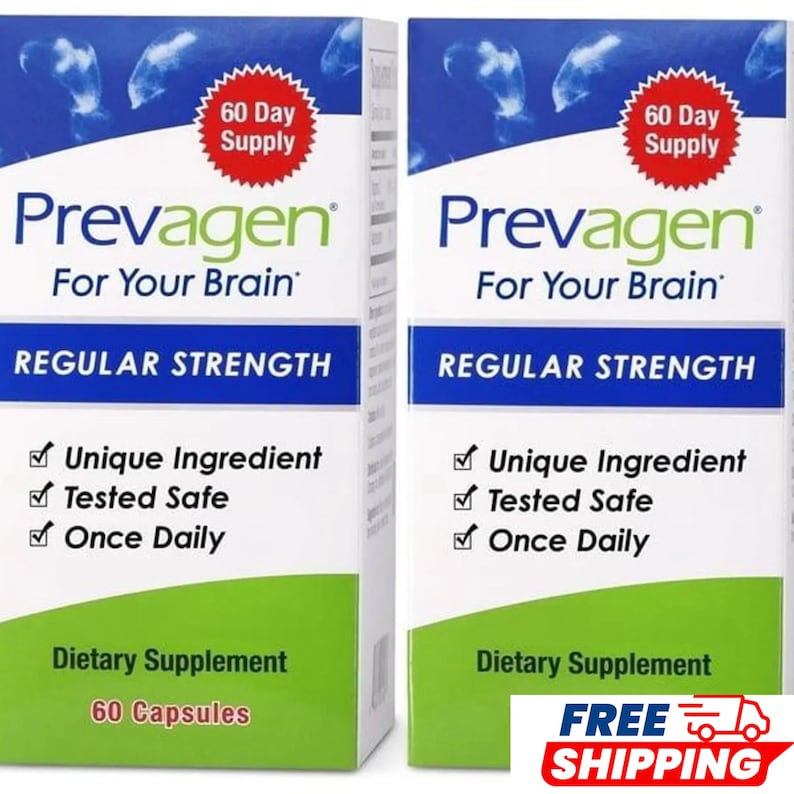 May include: Two white boxes of Prevagen Regular Strength dietary supplement. Each box features blue and green accents, a red 60 Day Supply burst, and text stating For Your Brain, Unique Ingredient, Tested Safe, Once Daily, and 60 Capsules.