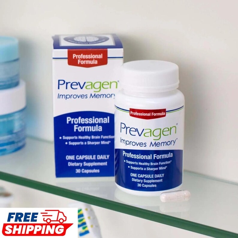 May include: A white plastic bottle and a matching cardboard box of Prevagen Professional Formula dietary supplement. Both feature blue and red text, stating it improves memory, supports healthy brain function, and contains 30 capsules.