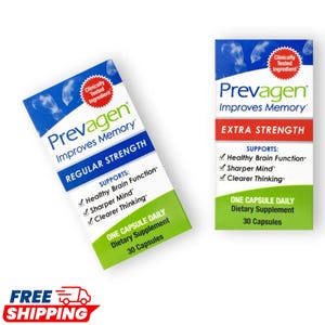 May include: Two rectangular boxes of Prevagen dietary supplement. One box is labeled Regular Strength and the other Extra Strength. Both feature blue, white, and green colors, with text stating they support healthy brain function, sharper mind, and clearer thinking, containing 30 capsules each.