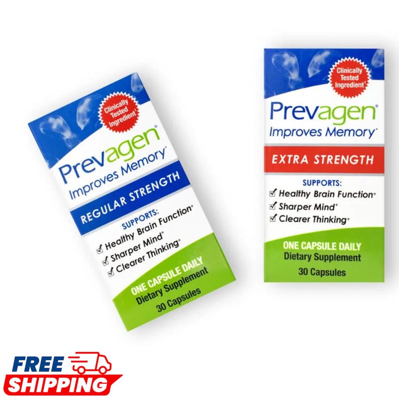 May include: Two rectangular boxes of Prevagen dietary supplement. One box is labeled Regular Strength and the other Extra Strength. Both feature blue, white, and green colors, with text stating they support healthy brain function, sharper mind, and clearer thinking, containing 30 capsules each.