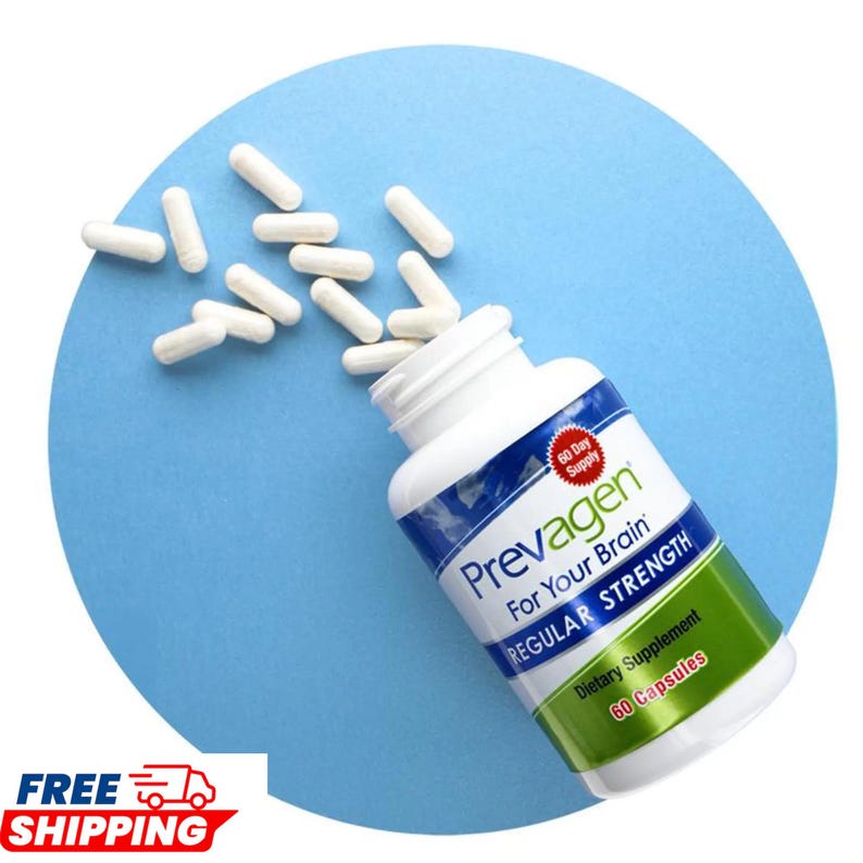 May include: A white plastic bottle of Prevagen Regular Strength dietary supplement with 60 capsules, featuring a blue and green label with the text Prevagen For Your Brain, and several white capsules scattered around the open bottle top.