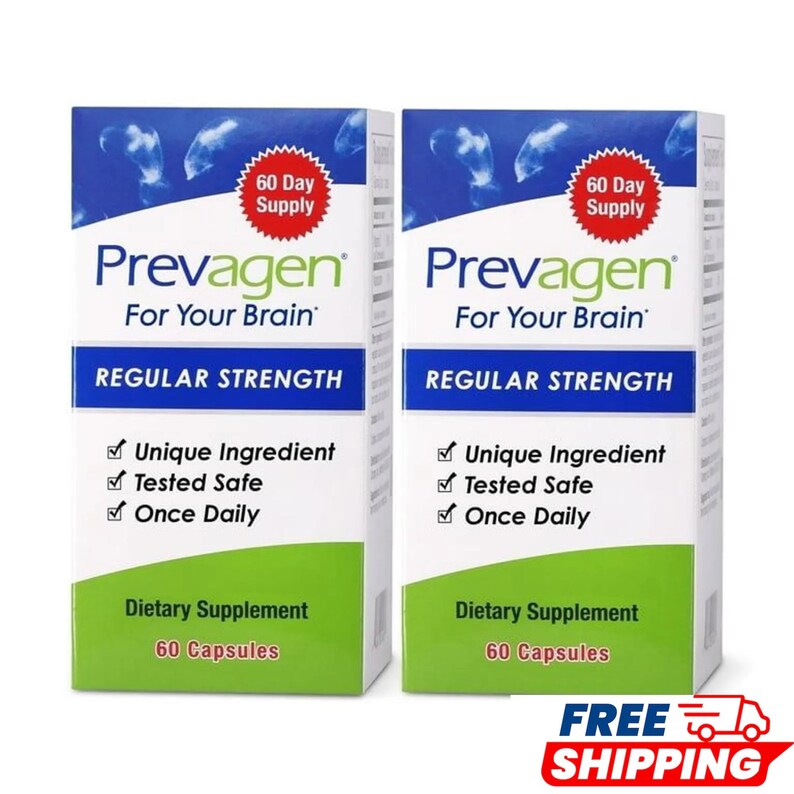 May include: Two identical white boxes of Prevagen dietary supplement, Regular Strength, 60 capsules. The packaging features blue and green accents, a red 60 Day Supply burst, and text stating Unique Ingredient, Tested Safe, and Once Daily.