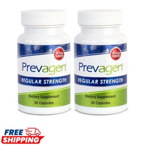 May include: Two white plastic bottles of Prevagen Regular Strength dietary supplement. Each bottle features a blue and green label with the text Prevagen, Regular Strength, 30 Day Supply, and 30 Capsules printed in clear, legible font.