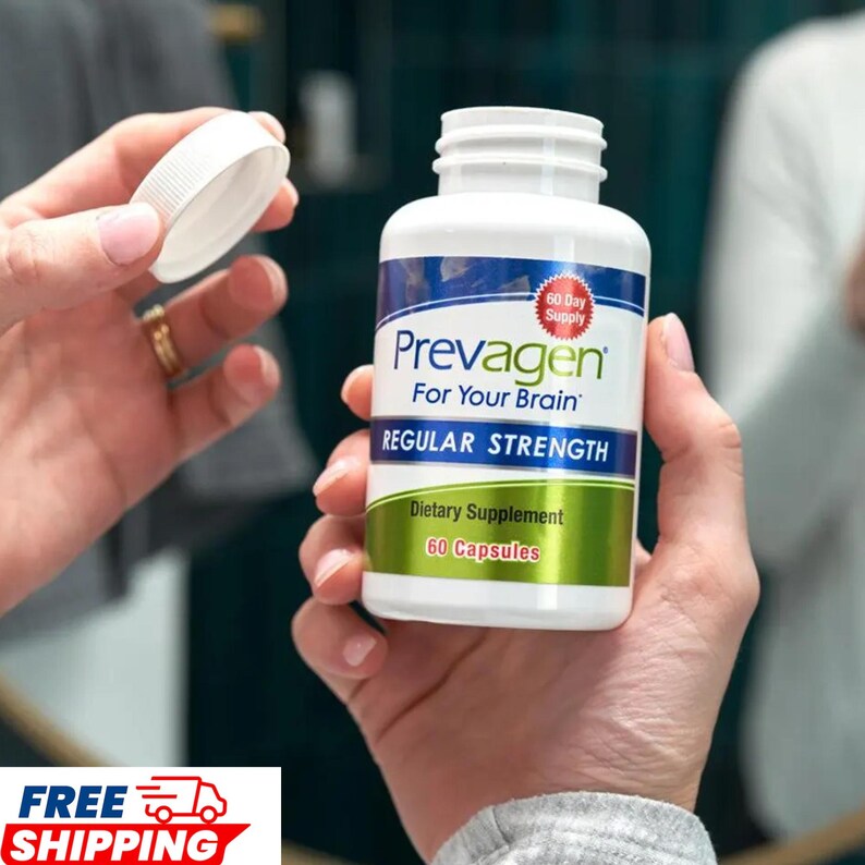 May include: A white plastic bottle of Prevagen Regular Strength dietary supplement with a blue and green label. The label features the text Prevagen For Your Brain, Regular Strength, 60 Capsules, and a red burst icon stating 60 Day Supply.