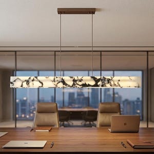 Linear Pendant Light, Black And White Marble, 120 cm Integrated LED