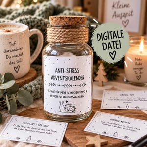 Può includere: Un barattolo di vetro trasparente con tappo in sughero e spago di juta avvolto attorno al collo. L'etichetta riporta Anti-Stress Adventskalender, 24 Tage für mehr Schneckentempo & weniger Weihnachtswahnsinn, con un disegno di lumaca e cartoncini.